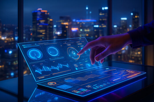 AI generated image of a human hand interacting with a transparent holographic control interface against a glowing night cityscape background. The UI includes dynamic graphs, waveforms and data panels.