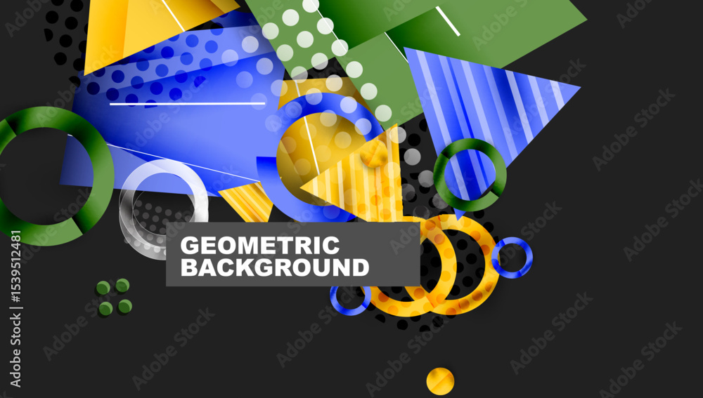 Aufkleber Abstract geometric composition. Shapes overlap, creating dynamic visual effect. Blue, green, yellow dominate dark background. Modern design elements present.