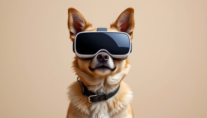 high quality, a dog wearing vr glasses, positioned at the bottom of the image, with clear copy space at the top.