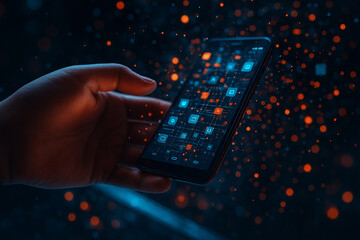 AI generated image of a human hand holding a glowing smartphone surrounded by floating digital particles representing data flow connection and futuristic information technology.