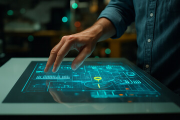AI generated image of a man operating a glowing holographic digital interface with real time data and analytics in a high tech environment symbolizing innovation and precision.