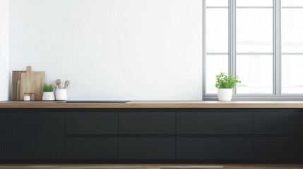 Modern kitchen with black cabinets and wooden floor, minimalist elegance in natural light