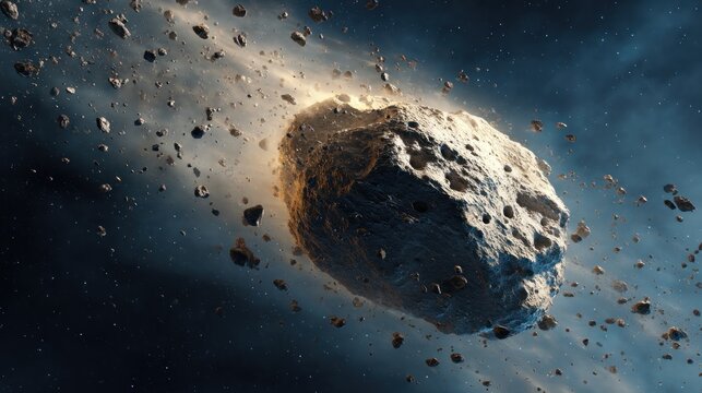 Asteroid in space surrounded by debris