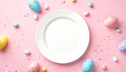 Easter eggs with plate, and pink background.