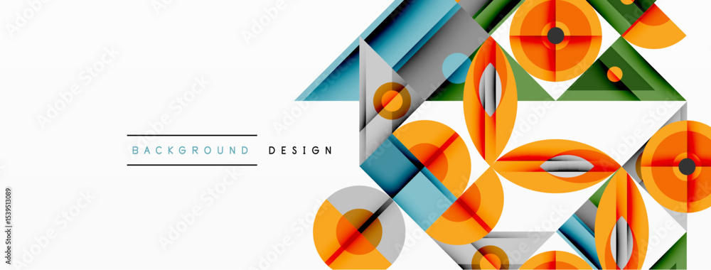 Poster Abstract geometric shapes, vibrant colors, modern design. Clean lines, overlapping elements create dynamic composition. Background features text.