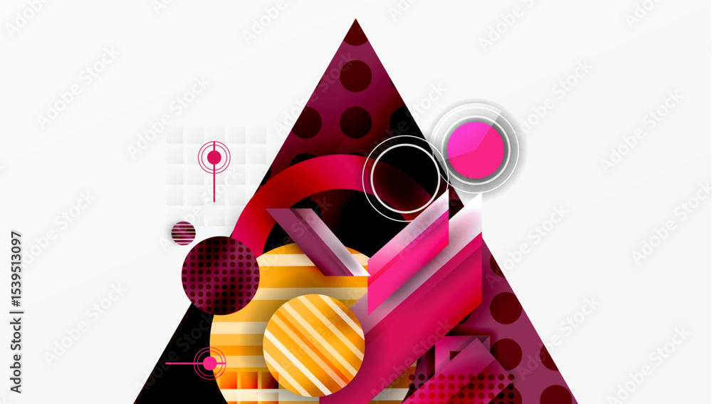 Poster Abstract geometric composition. Pink, yellow, black shapes overlap. Circles, triangles create dynamic visual effect. Modern design elements present.
