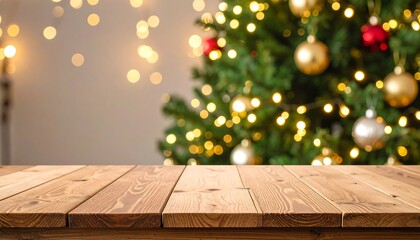 Wooden table with Christmas bokeh background.