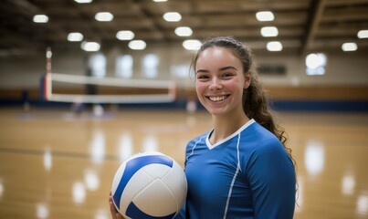 A girl is holding a volleyball in a gym