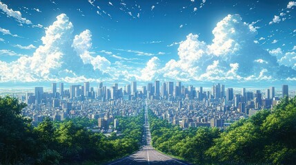 Fototapeta premium Vast cityscape under a bright blue sky with towering clouds, viewed from a long empty road surrounded by lush green trees