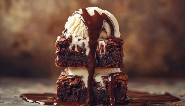 Two brownies topped with vanilla ice cream and chocolate sauce