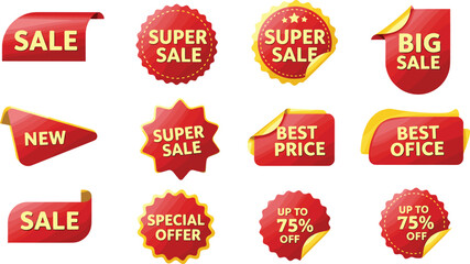 Red and yellow sale label collection, discount and promotion tags with text like super sale, best price, special offer, ideal for ecommerce, marketing, and advertising design.