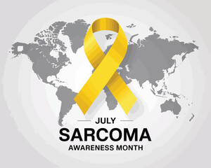 yellow ribbon symbolizing sarcoma awareness month in july with world map backdrop promoting global cancer awareness and solidarity