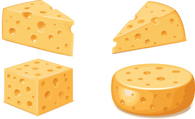 Vector illustration of assorted cheese blocks and wedges with holes, dairy food icon set, isolated on white background, perfect for culinary, packaging, and recipe designs.
