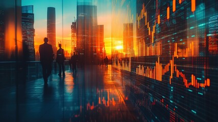 Stock market business and trading concept with digital screen with financial chart graphs and candlestick and group of people in office at sunset, double exposure, Dynamic Stock Market Data Overlay
