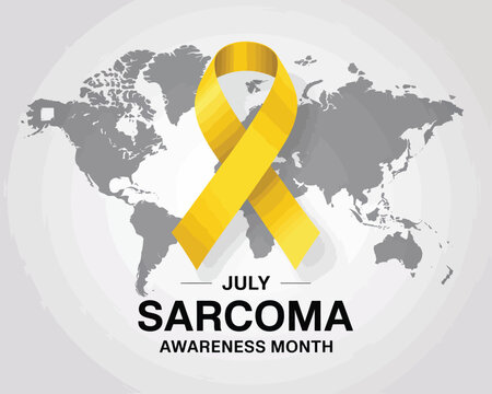 yellow ribbon symbolizing sarcoma awareness month in july with world map backdrop promoting global cancer awareness and solidarity
