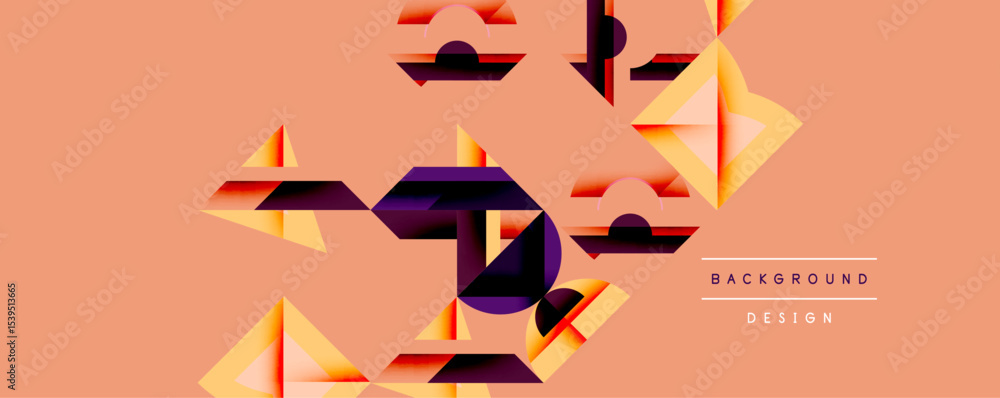 Poster Abstract geometric shapes overlap, creating dynamic visual texture. Warm orange background complements purple, black, yellow elements. Modern design.