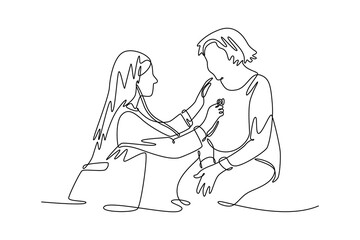Doctor and patient concept. Single line draw design. Vector graphic illustration
