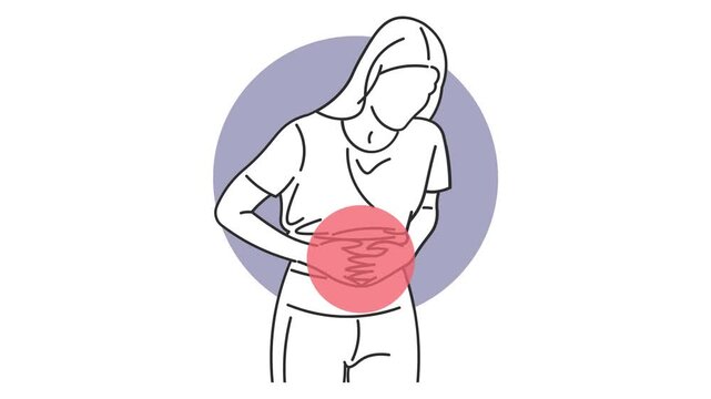 Illustration of bent over woman with severe abdominal pain highlighted in minimalist vector style