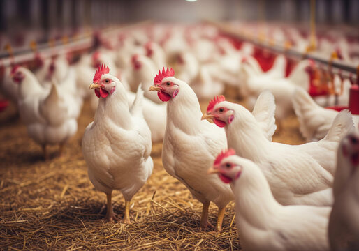 White Chickens in Modern Poultry Farm Coop Raising Healthy Poultry for Meat and Eggs