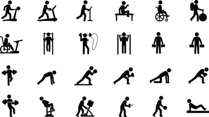 Fitness exercise icon collection, stick figure training illustrations, gym workout, stretching, running, disabled fitness, jumping rope, lifting weights, 