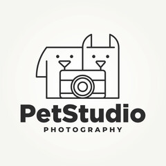 minimalist cat and dog with camera line art icon logo vector illustration design. simple modern pet photography or pet studio logo concept
