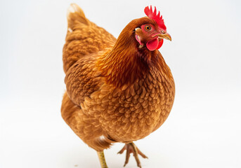 Fototapeta premium A vibrant Rhode Island Red hen against a white backdrop showcasing its rich plumage and distinctive features.