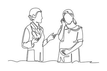 Doctor and patient concept. Single line draw design. Vector graphic illustration