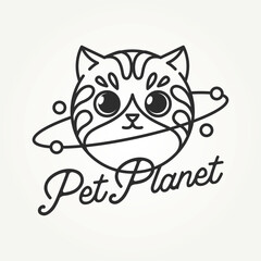 minimalist cute cat head with planet shape line art icon logo vector illustration design