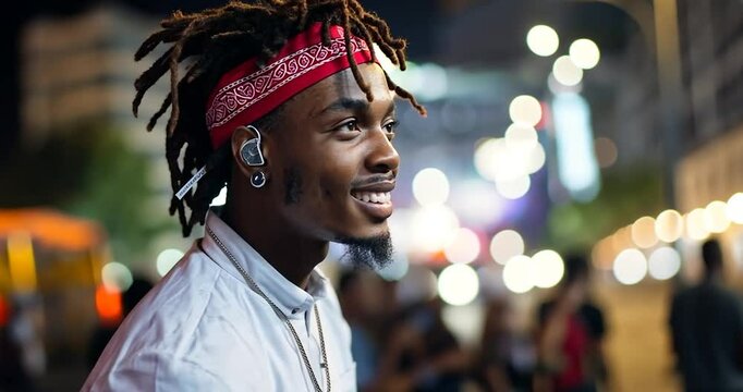 Smiling young man with dreadlocks and red bandana stands in a city at night. Warm lighting, blurred background of city lights and people