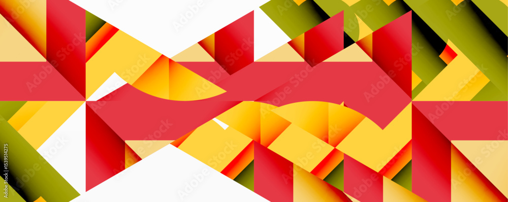 Poster Abstract geometric design. Colorful triangles form dynamic pattern. Red stripe bisects composition, creating visual interest.