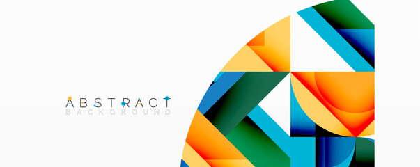Vibrant geometric shapes overlap, creating colorful abstract background. Modern design utilizes gradients, angles, white space.
