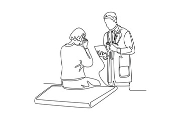 Doctor and patient concept. Single line draw design. Vector graphic illustration