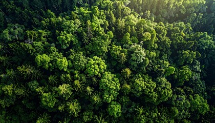 Naklejka premium Aerial view of dense green forest with sunlight and tree canopy
