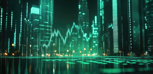 Futuristic cityscape at night with glowing teal buildings and stock market graph overlay