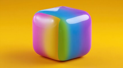 Vibrant, rounded cube with a gradient of rainbow colors on a bright yellow background