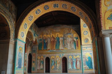Obraz premium Interior view of a richly decorated religious building featuring colorful mosaics of haloed figures and intricate arches with golden accents conveying a serene spiritual atmosphere