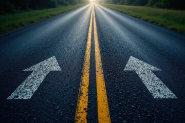 Dark asphalt road with directional arrow markings , path, direction, vehicle