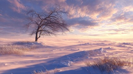 Winter landscape with lone tree