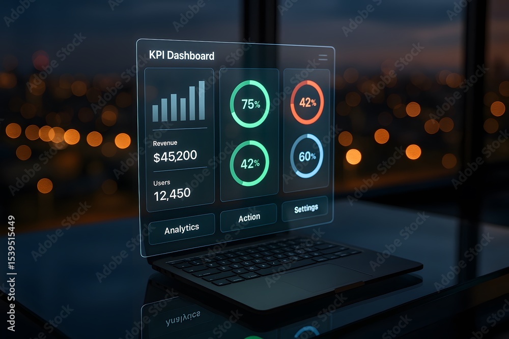 Poster a laptop on a nightstand shows a kpi dashboard with revenue, user count and three pie charts for ana
