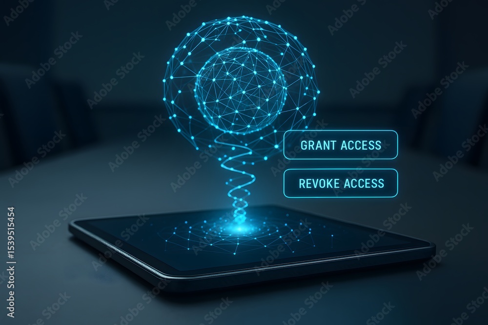 Aufkleber a tablet projects a 3d like network sphere with “grant access” and “revoke access” buttons in neon b