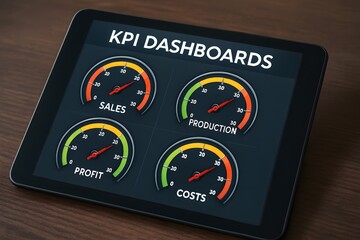 A tablet displays four colorful gauges for sales, production, profit and costs under “KPI DASHBOARDS.” Concept of performance monitoring.