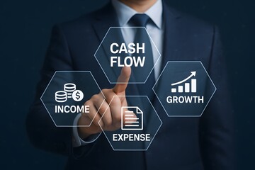 A businessperson in suit taps a hexagon labeled “CASH FLOW” surrounded by income, expense and growth icons. Concept of financial management.