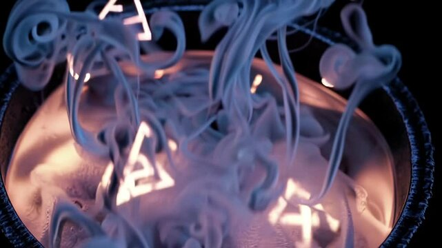 Witch's cauldron, where the potion is brewed with Enigmatic smoke swirls around glowing symbols 