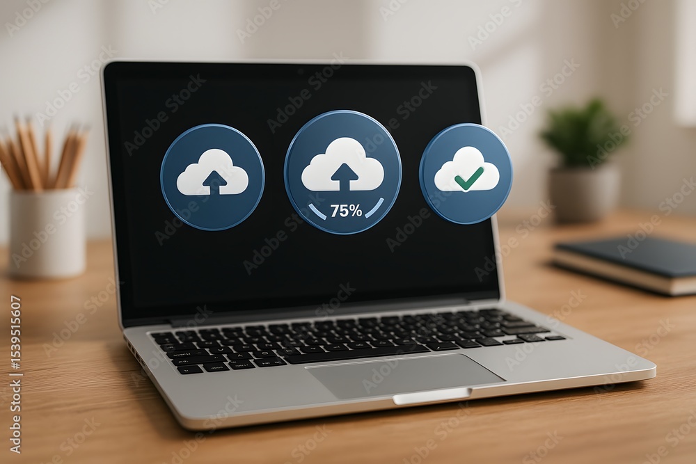Aufkleber a laptop displays three cloud icons showing upload, progress at 75%, and completion checkmark. conce