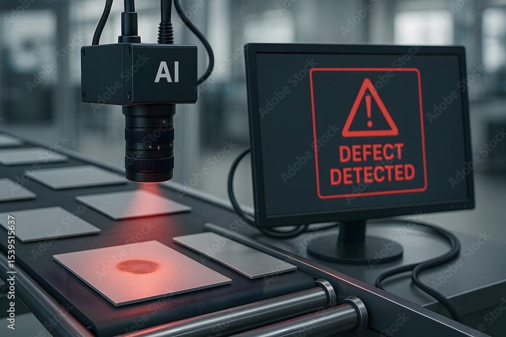 Poster an ai-equipped camera scans circuit boards, triggering a red “defect detected” alert on a monitor. c