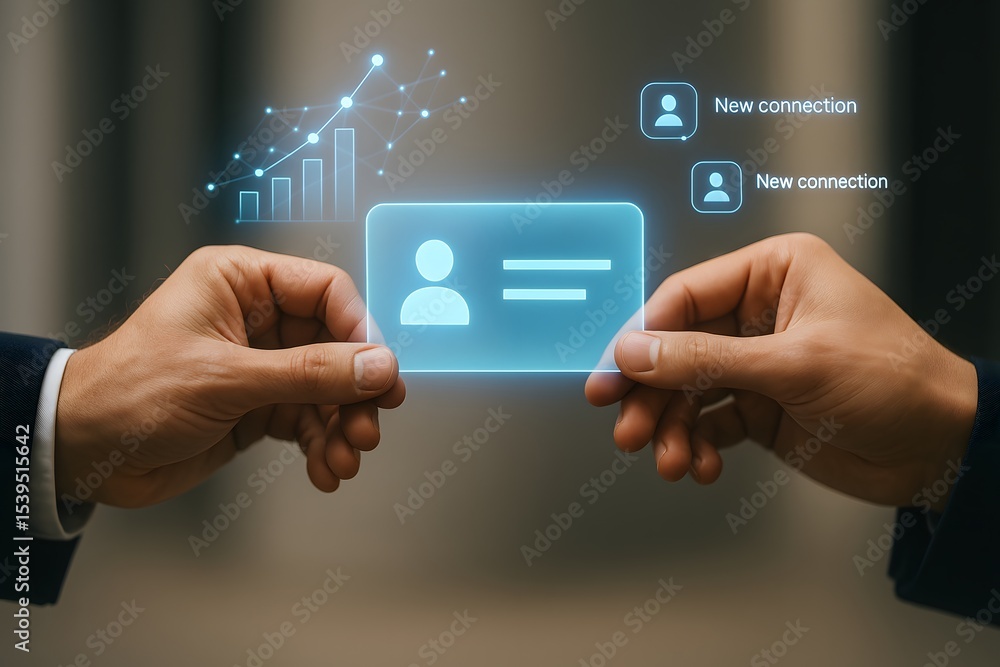Poster two hands exchange a glowing id card with “new connection” user icons and a growth graph. concept of