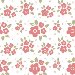 A seamless floral pattern featuring simple cartoon-style pink flowers with olive green leaves on a white background. The design is clean, soft, and cheerful—perfect for fabric, wallpaper or stationery