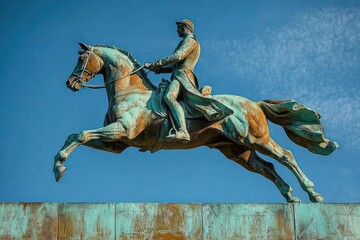 Bronze equestrian statue of a man in military uniform riding a horse in mid-gallop against a clear blue sky