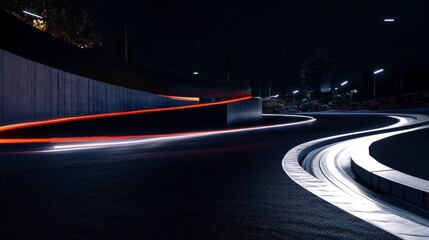 Night racing track with illuminated curves and light trails.