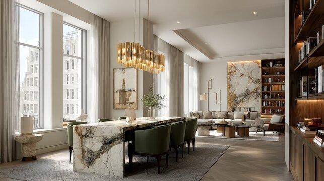 Modern dining room, minimalist-style interior design in a high-rise apartment